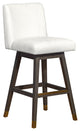 Basila Swivel Bar Stool in Grey Oak Wood Finish with Pearl Fabric