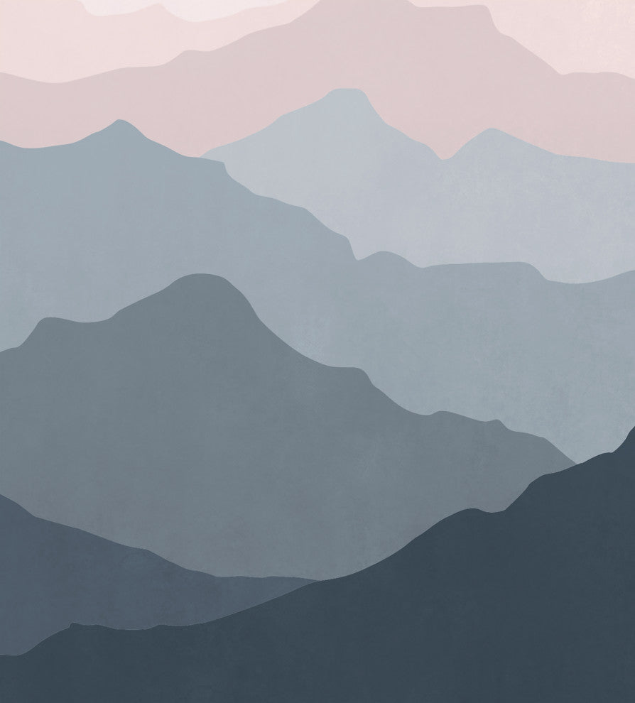 Mountain Mural Wall Art Peel and Stick Vinyl Wallpaper, Navy/Pale Pink, 24"x96"