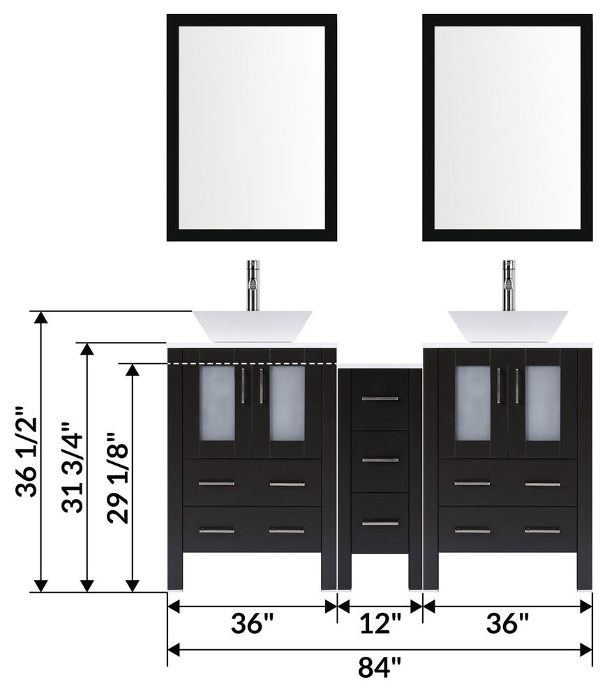 Modern Bathroom Vanity Set With Mirror and Sink, Espresso, 84"