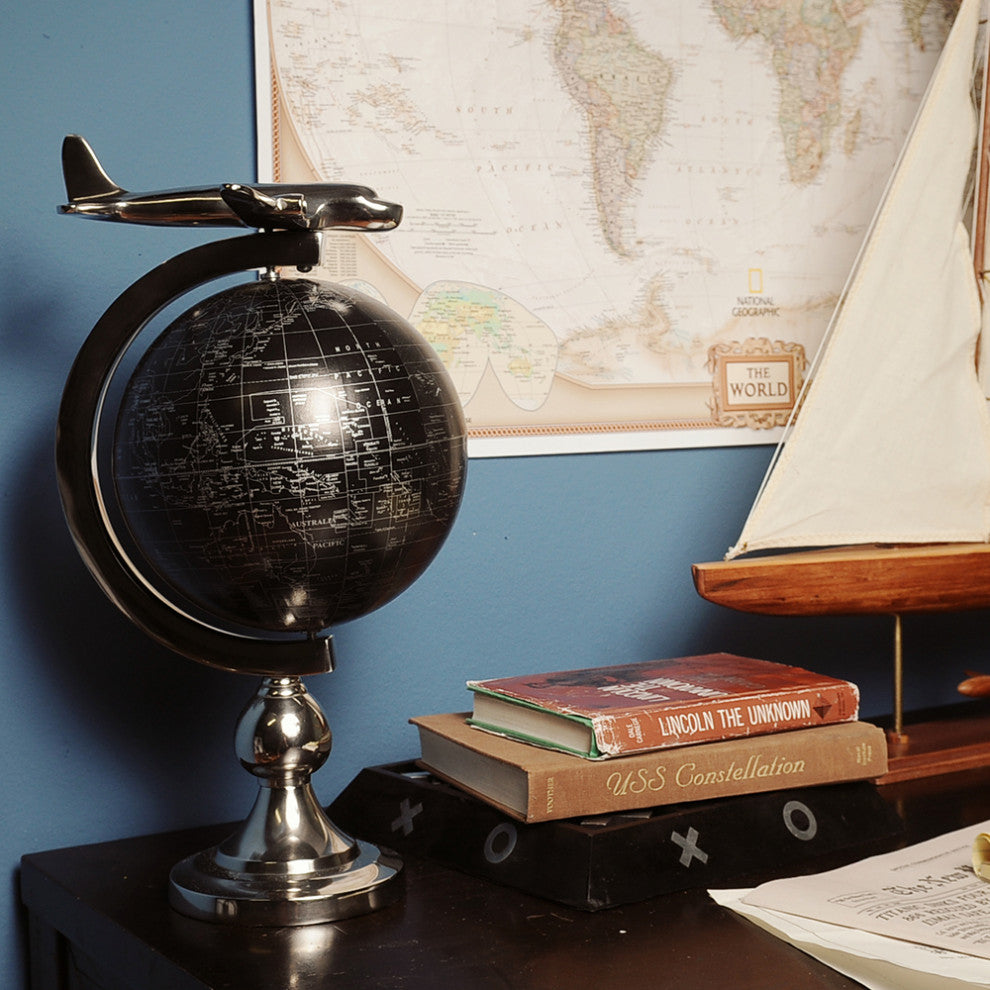 Airplane On Globe With Brass Stand