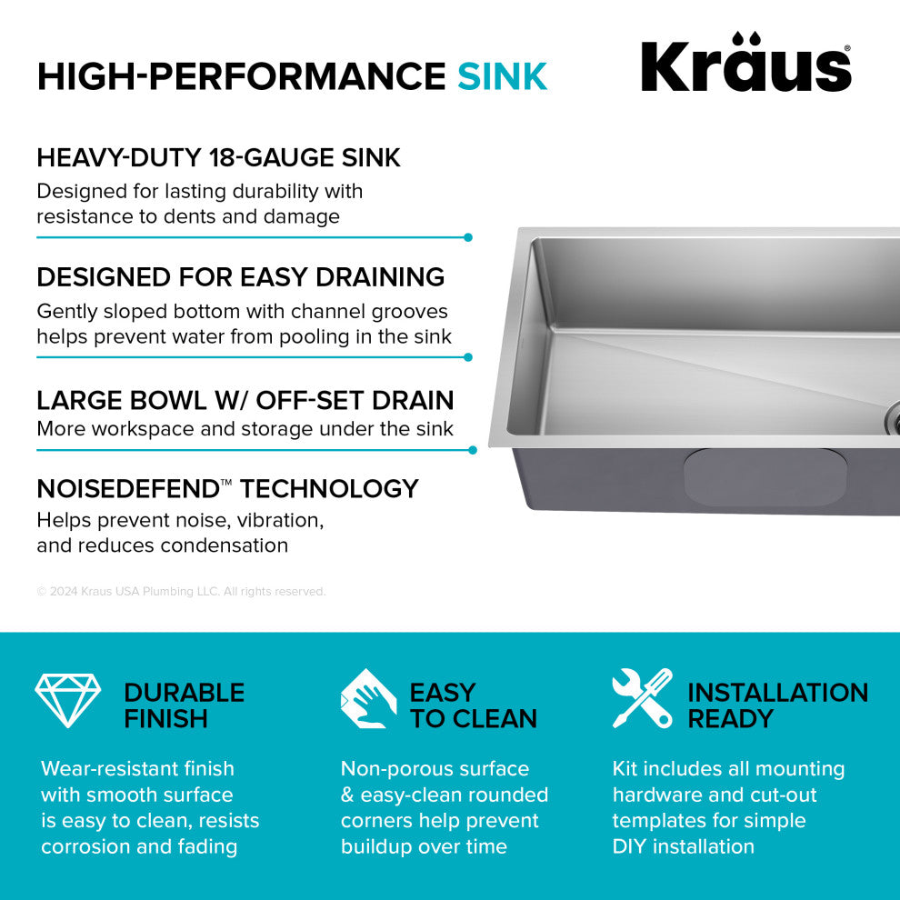 KRAUS Fairlane 33" Undermount 1-Bowl 18 Gauge Stainless Steel Kitchen Sink