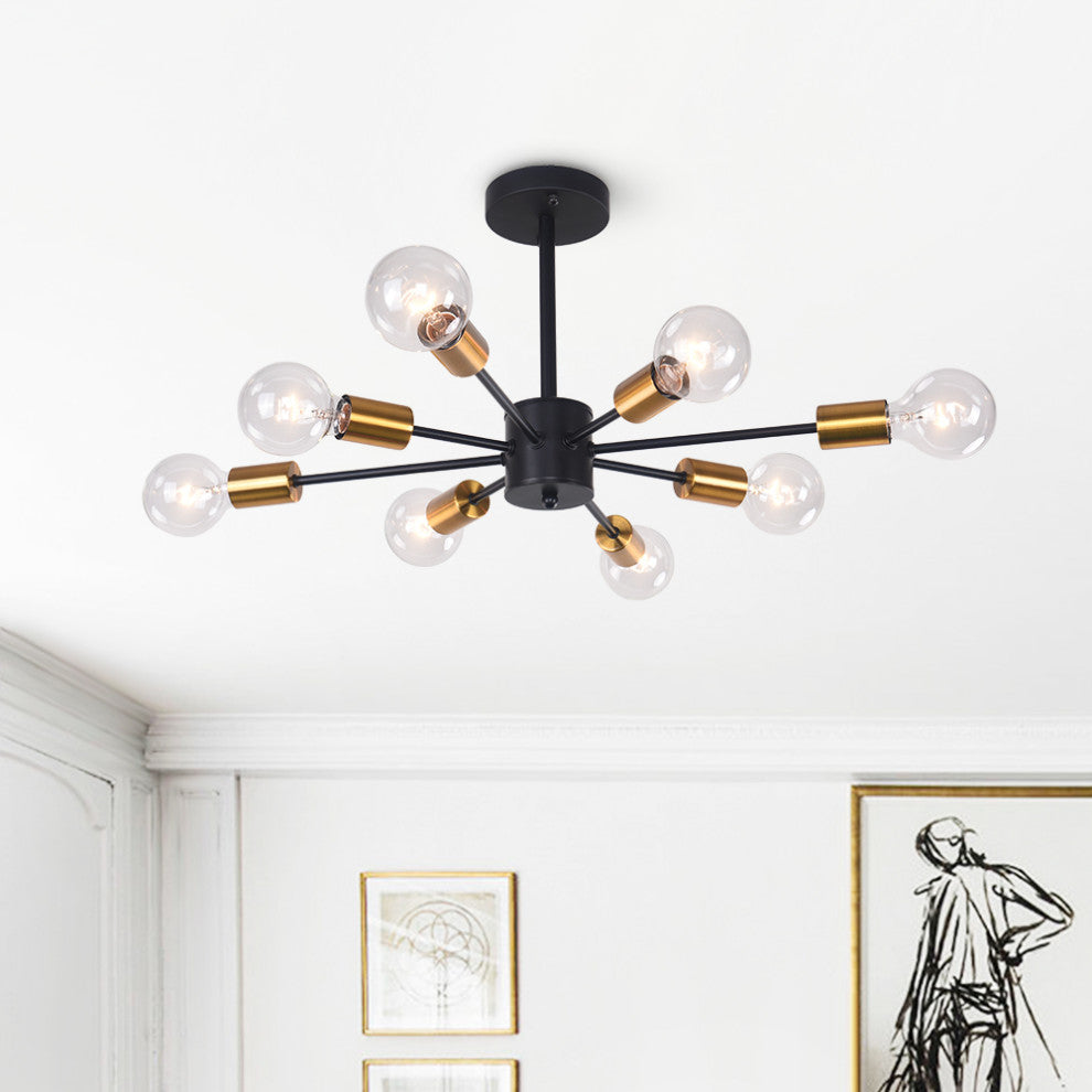 8 Light Sputnik Semi Flush Mount, Black/Gold