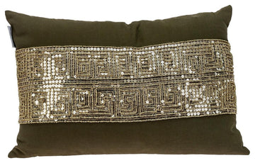 Glam Olive With Gold Sequins Lumbar Throw Pillow