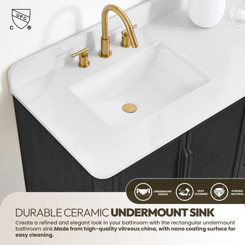 Busan Bath Vanity, Quartz Top No Mirror, Oak Classic Black, 36", Single Vanity