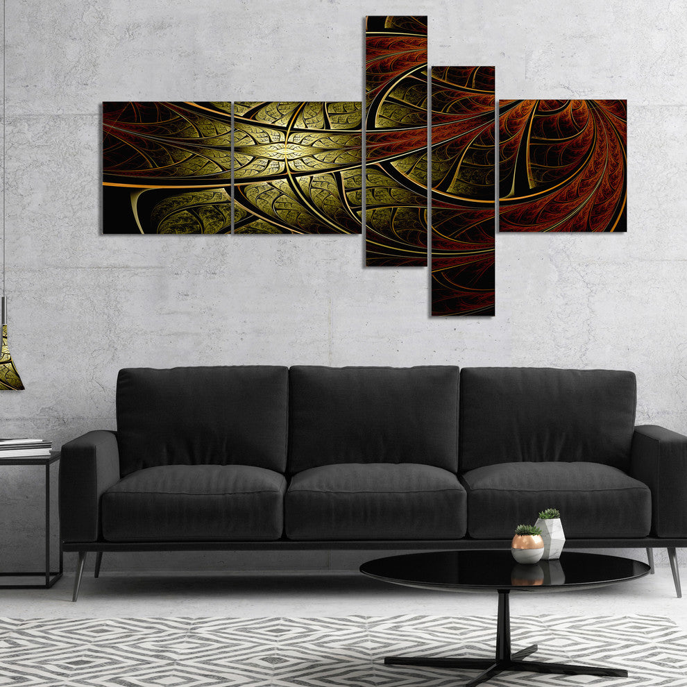 Red Yellow Metallic Fabric Flower, Abstract Print On Canvas, 60"x32", 5 panels