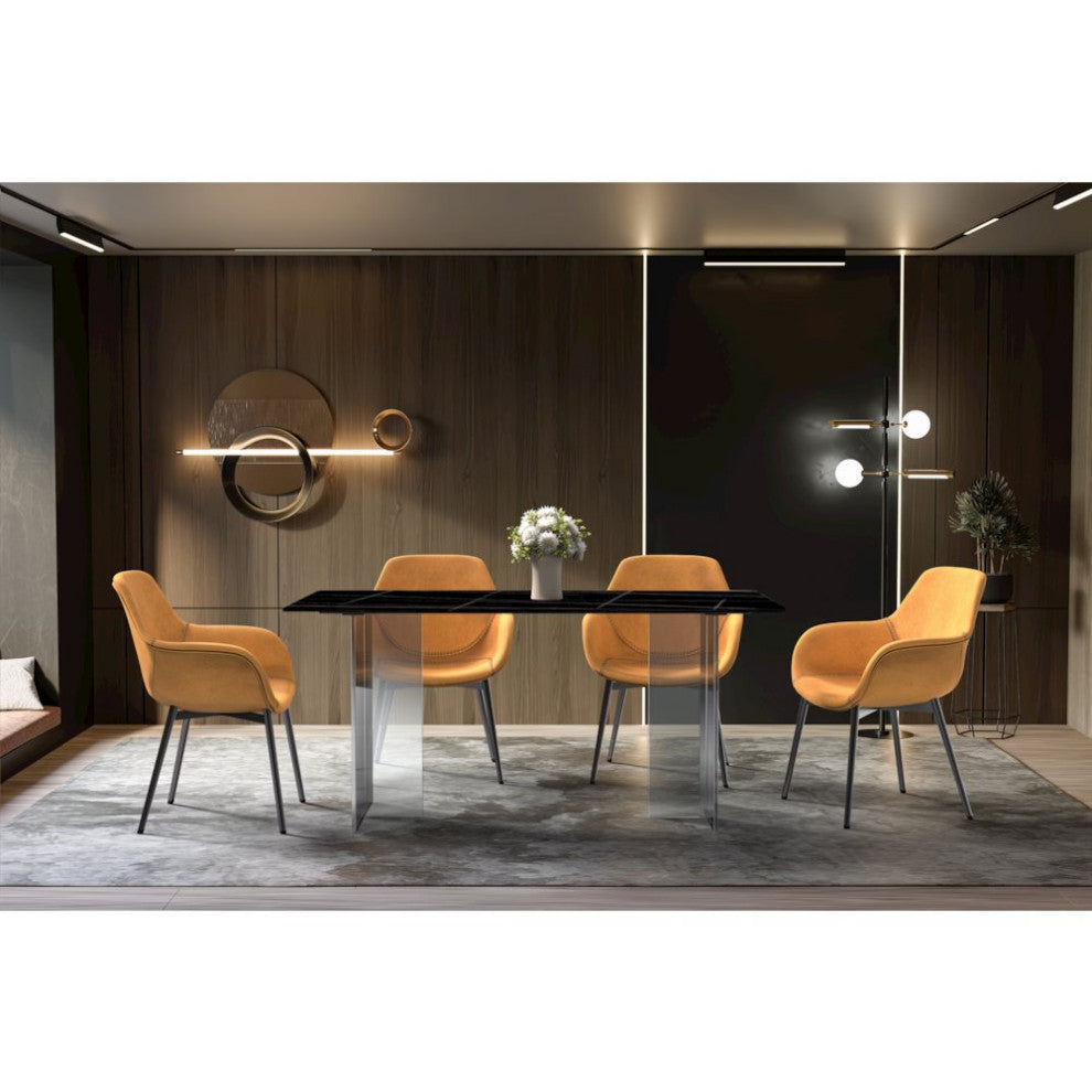 Kova Series Dining Table, Clear Base with 55 Black/Gold Sintered Stone Top