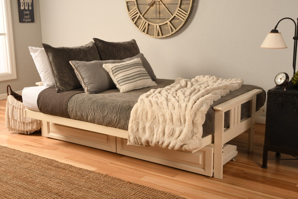 Caleb Frame Futon With Antique White Finish, Storage Drawers, Suede Blue