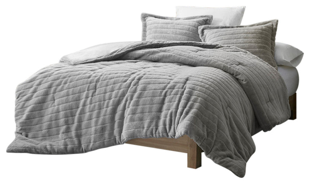 Madison Park Amara Striped Faux Fur Plush Comforter Mini Set, Grey, Grey, King/C