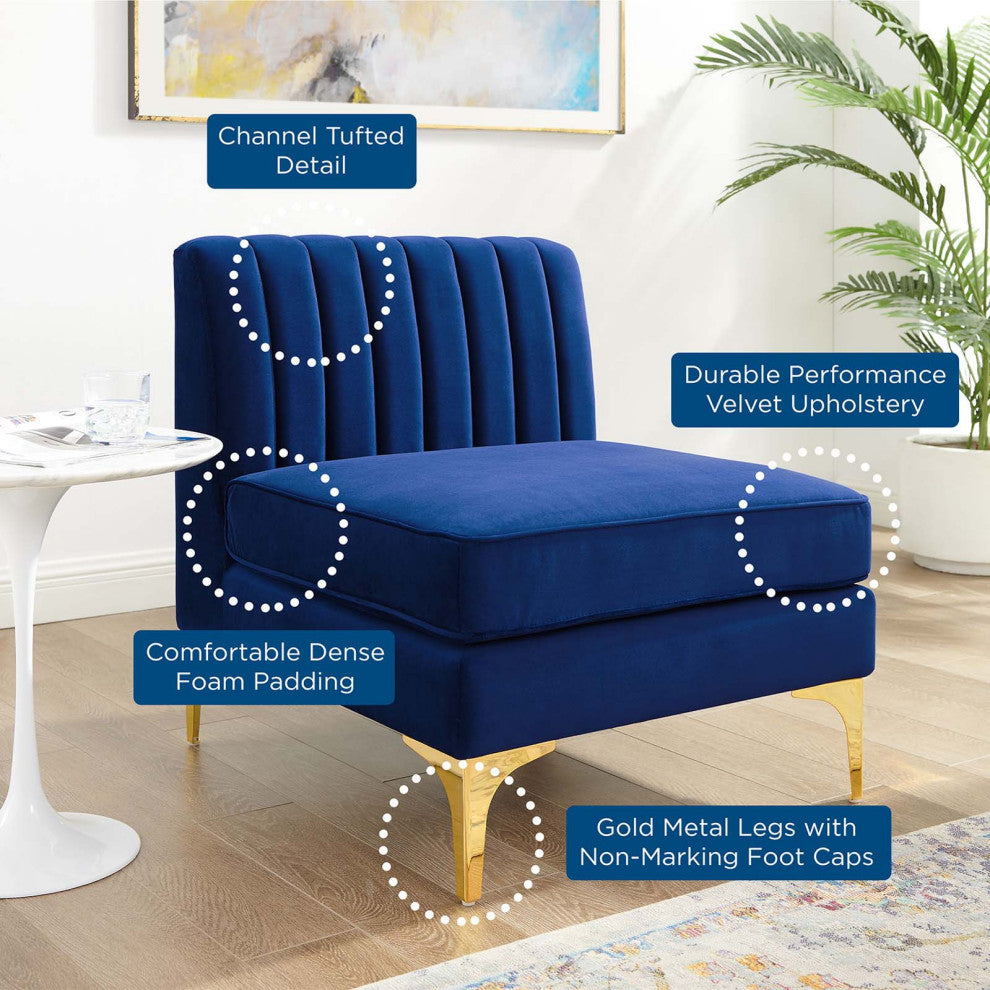 Tufted Sofa Middle Chair, Velvet, Blue Navy, Modern, Living Lounge Hospitality