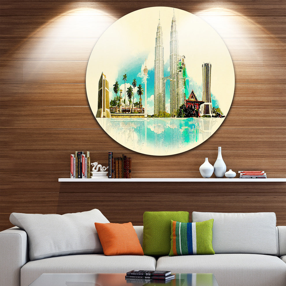 Kuala Lumpur Panoramic View, Cityscape Watercolor Round Wall Art, 36"