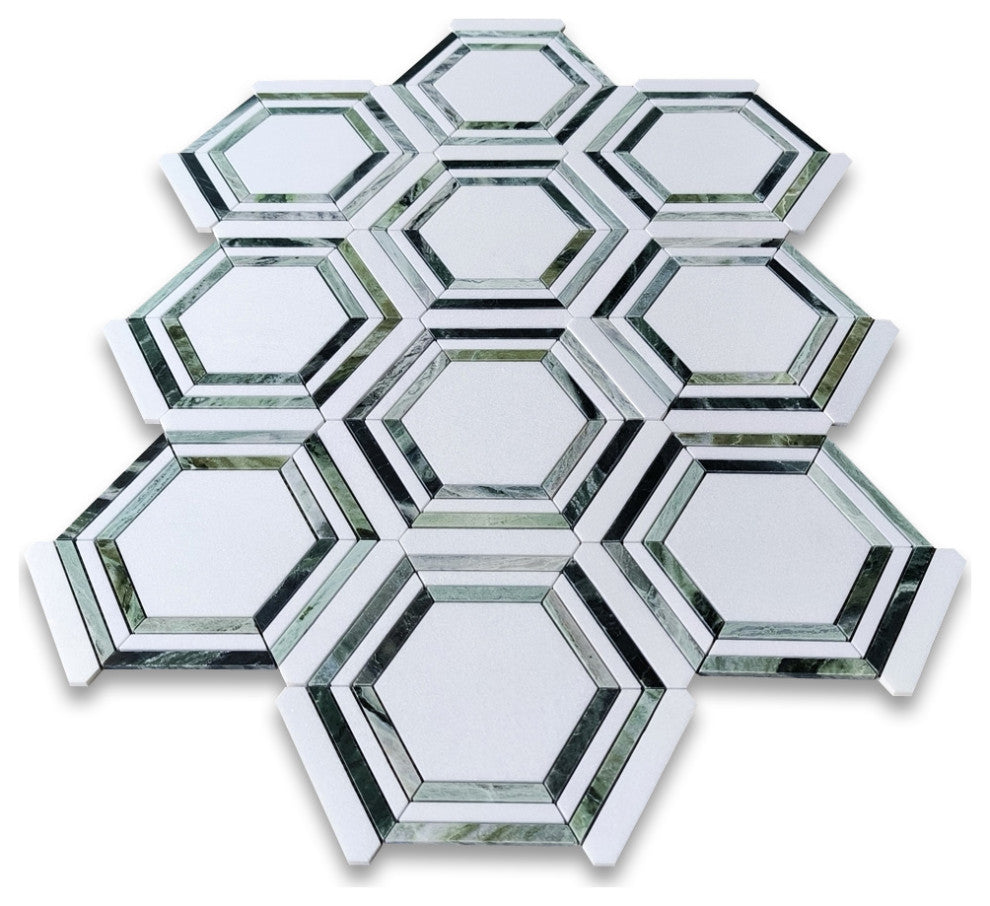 Thassos White Marble Hexagon Georama Mosaic Tile Sagano Vibrant Green, 1 sheet