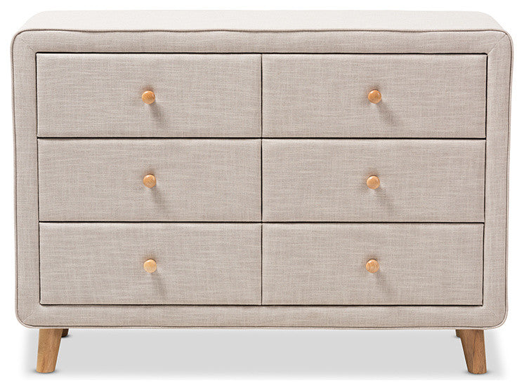 Jonesy Mid-Century Beige Linen Upholstered 6-Drawer Dresser