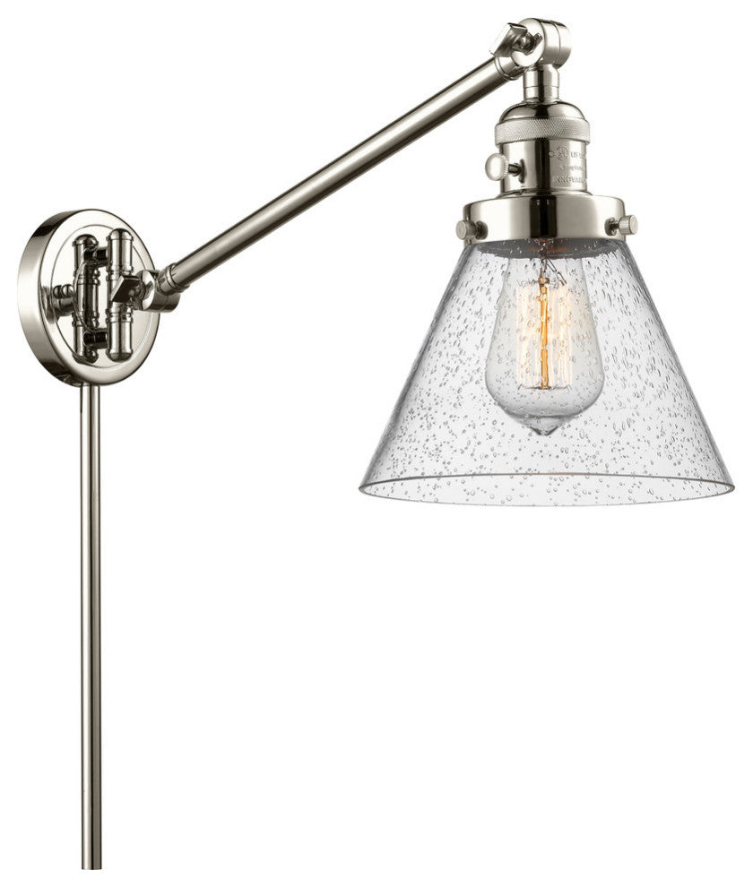 Large Cone 1-Light LED Swing Arm Light, Polished Nickel, Glass: Seedy