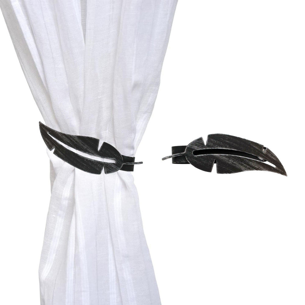 Metal Feather Curtain Tiebacks with Magnetic Closure "“ No Installation Needed, Black, Pack of 1