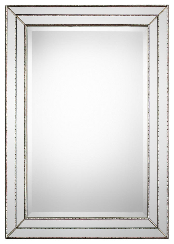 Metallic Silver Finish Featuring Grooved Texture And Mirror Inlays. Mirror