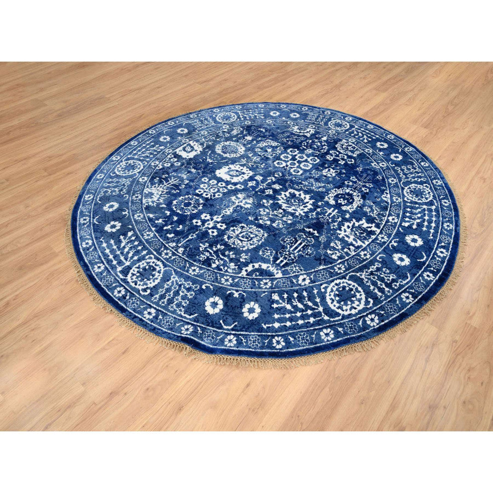Denim Blue, Wool and Silk Hand Knotted, Tabriz Round Oriental Rug, 8'2"x8'2"