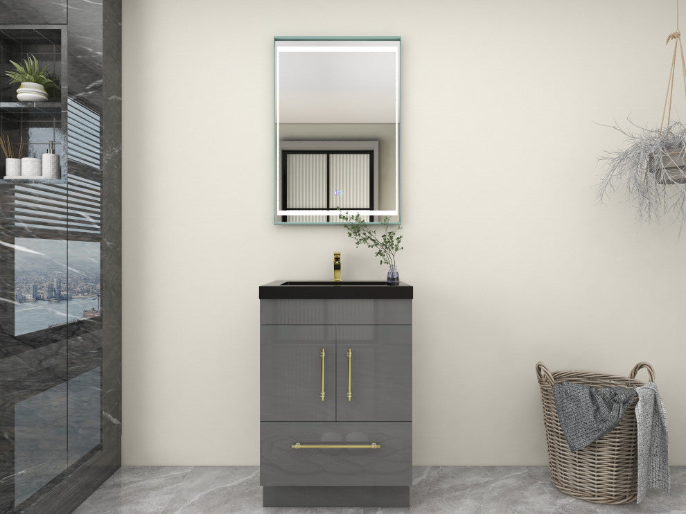 Rosa 24" Free Standing Modern Vanity, High Gloss Gray, Matt Black Top