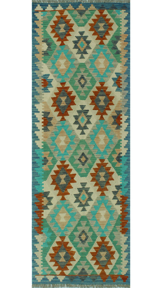 Sun Faded Kilim Mahabbat Blue/Rust Runner, 2'7x7'10