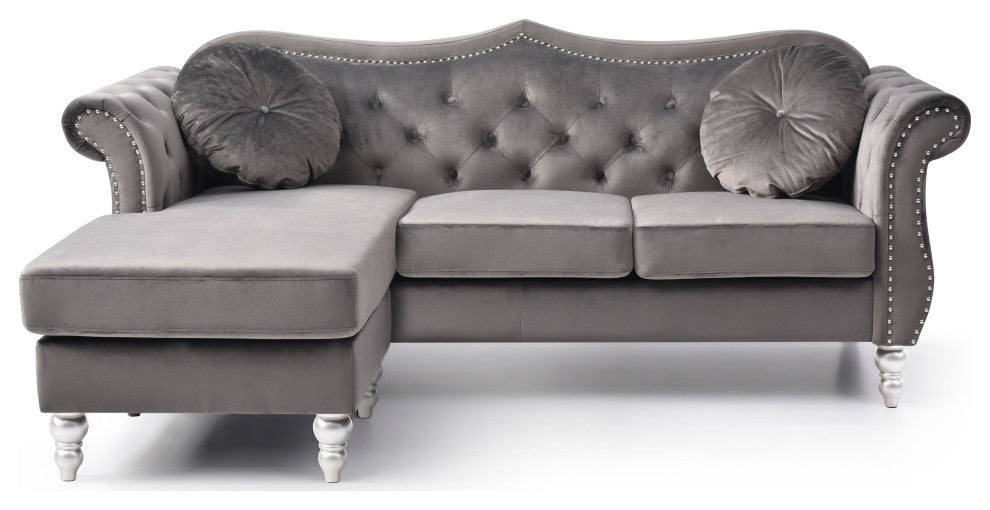 Hollywood Velvet Tufted sofa With Reversible Chaise, Dark Gray