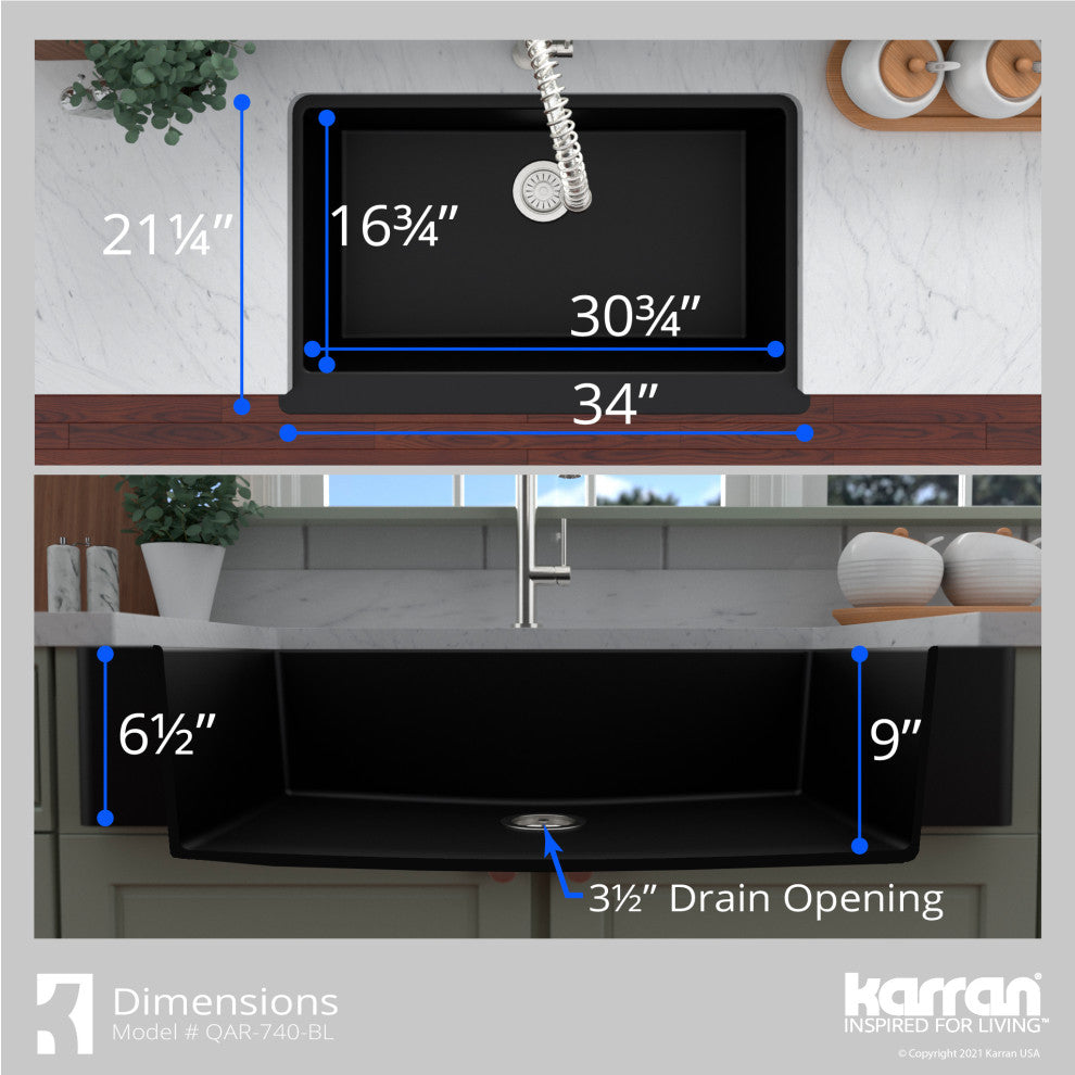 Karran Retrofit Farmhouse Quartz 34" Single Bowl Sink, Black