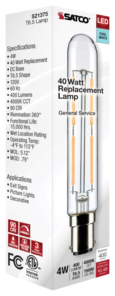 4W T6.5 LED, Clear, Double Contact Bayonet Base, 4000K, 400 Lumens, 120V