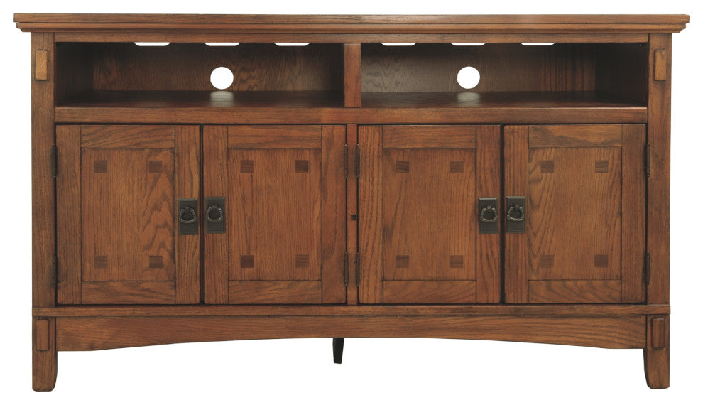 Wooden TV Stand with Two Door Cabinets and Two Media Cubbies, Medium, Brown