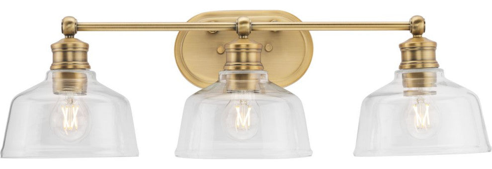 Singleton 3-Light 26.5" Vintage Brass Vanity Light, Clear Glass Shades