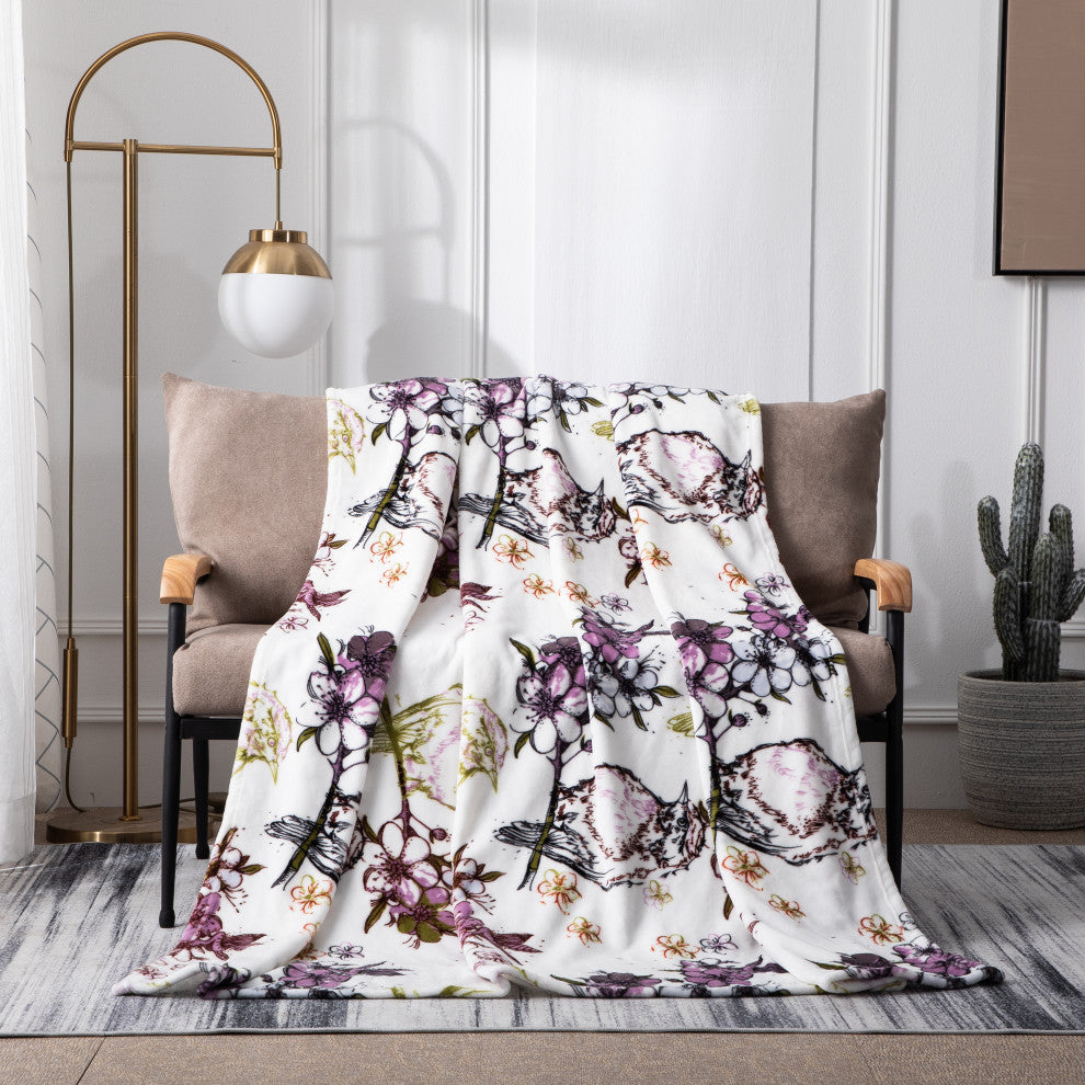 Blossoming Wonderland Floral Birds Soft Plush Fleece Throw Blanket, 90"x90"