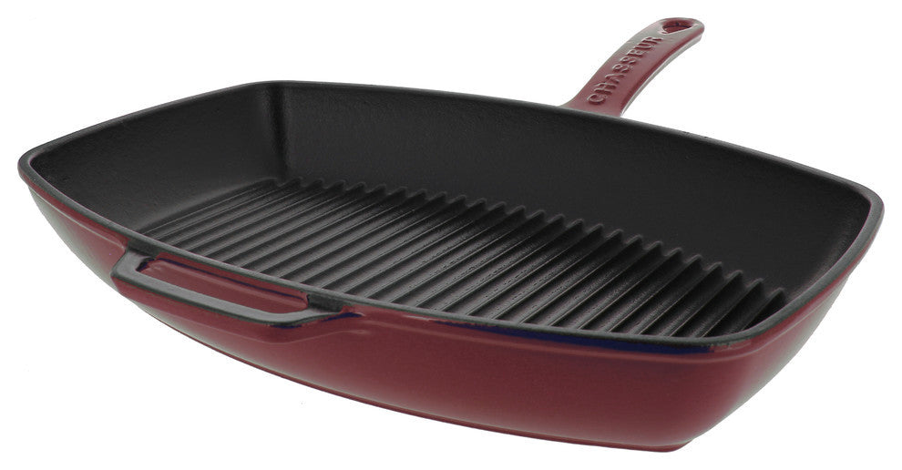 Chasseur 12" Red Rectangular French Enameled Cast Iron Grill Pan