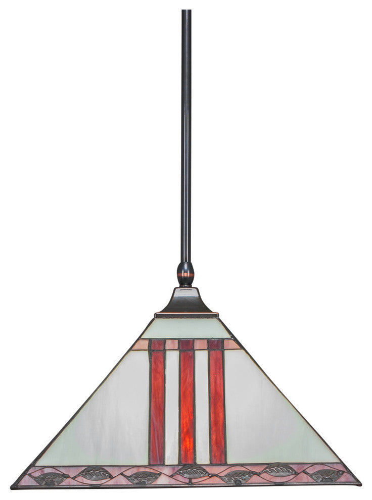 Stem Hung Pendant In Black Copper, 14" Purple and Metal Leaf Tiffany Glass