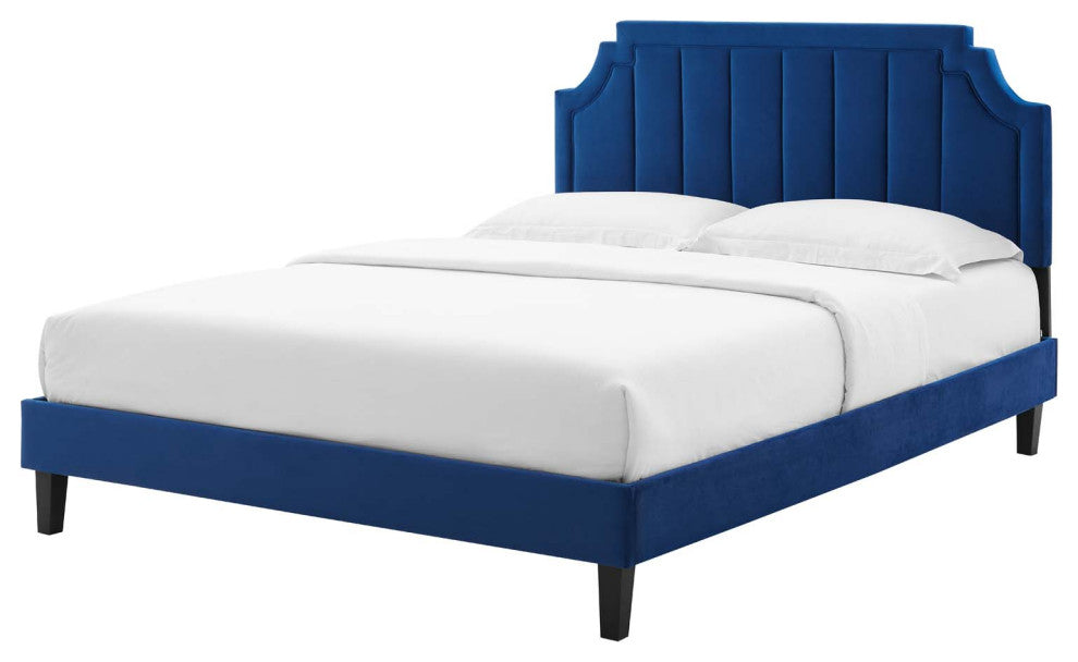 Platform Bed Frame, King Size, Velvet, Blue Navy, Modern Contemporary, Bedroom