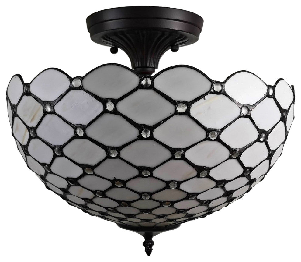 Tiffany Style 2 Light Impearled Semi-Flush Ceiling Lamp, 16" Wide