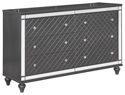 Benzara BM215409 Wooden 6 Drawer Dresser With Mirror Accents & Turned Feet, Gray