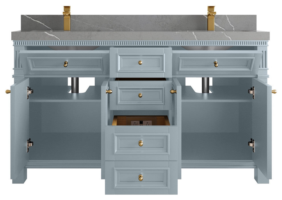 Paris 60" Double Sink Bathroom Vanity, Blue Heather 2" Piatra Gray