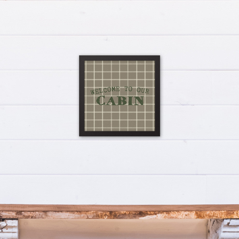 Welcome to our Cabin Taupe and White Check 13.73x13.73 Black Framed Canvas