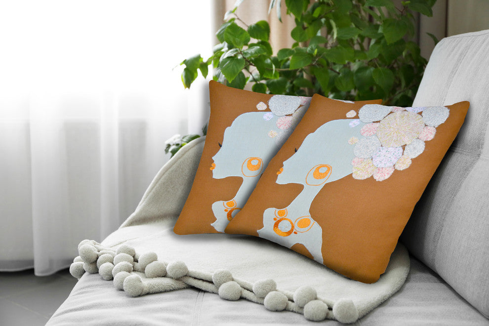 Brown Blue Lady Patchwork Cotton Throw Pillow