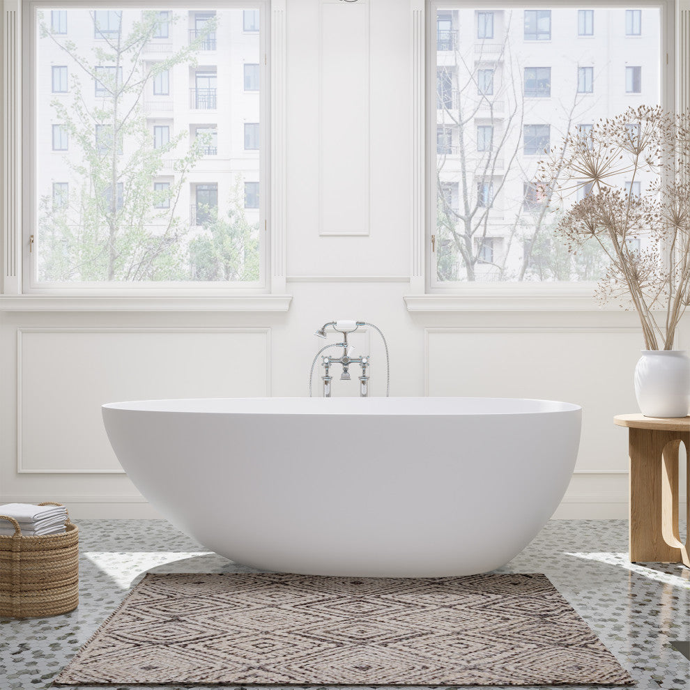 Giotto Flatbottom Freestanding Solid Surface Soaking Bathtub, Matte White, 59inch