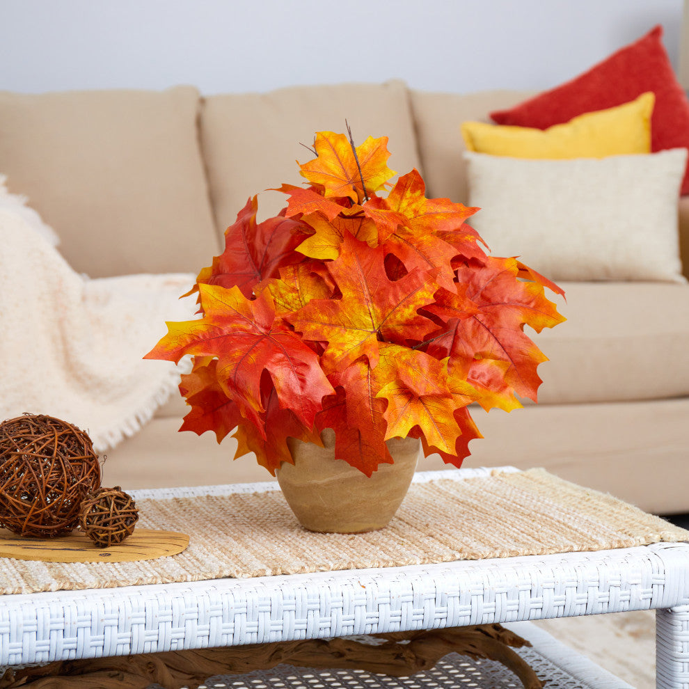 16" Autumn Maple Leaf Artificial Plant, Decorative Planter