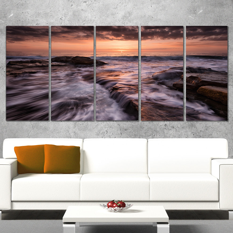 "Exotic Flow of Waters Over Rocks" Seascape Wall Art, 5 Panels, 60"x28"