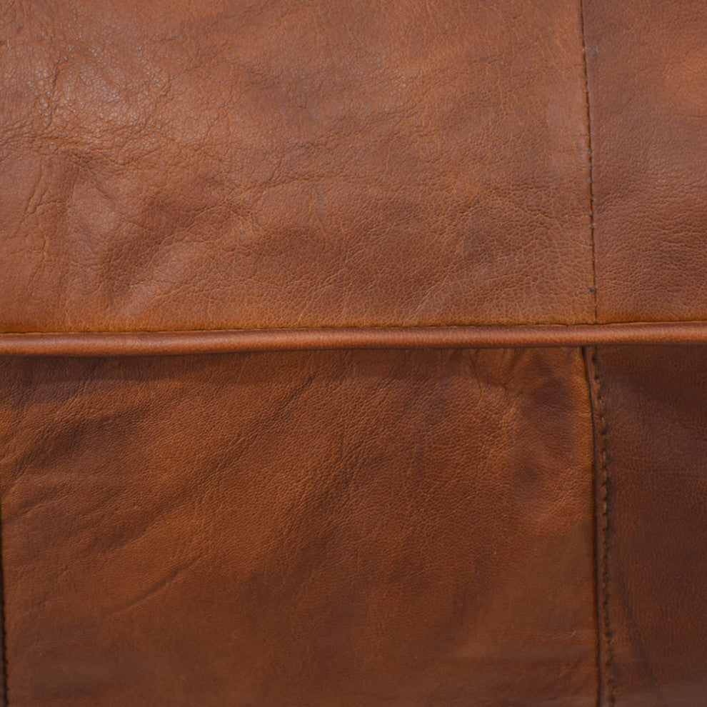 Geometric Handmade Leather Pouf, Recycled Foam With Fiber Fill, Cognac Color, Square, 14x14x14