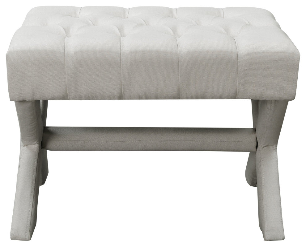Paola Linen Button Tufted Silver Nailhead Trim X-Leg Ottoman, Cream White