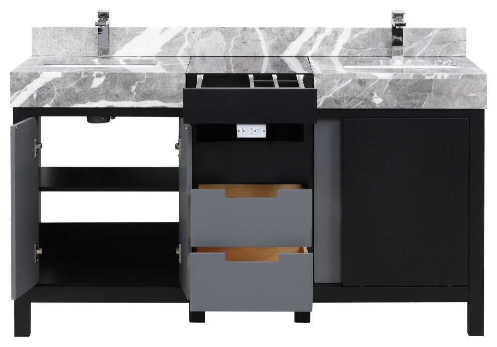 60" Double Vanity, Marble Tops, White Square Sinks, And Monte Chrome Faucet Set