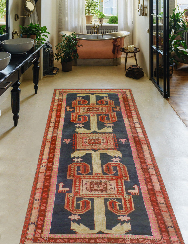 Fine Vintage Distressed Beheshta Navy/Burgundy Runner, 4'0x9'4