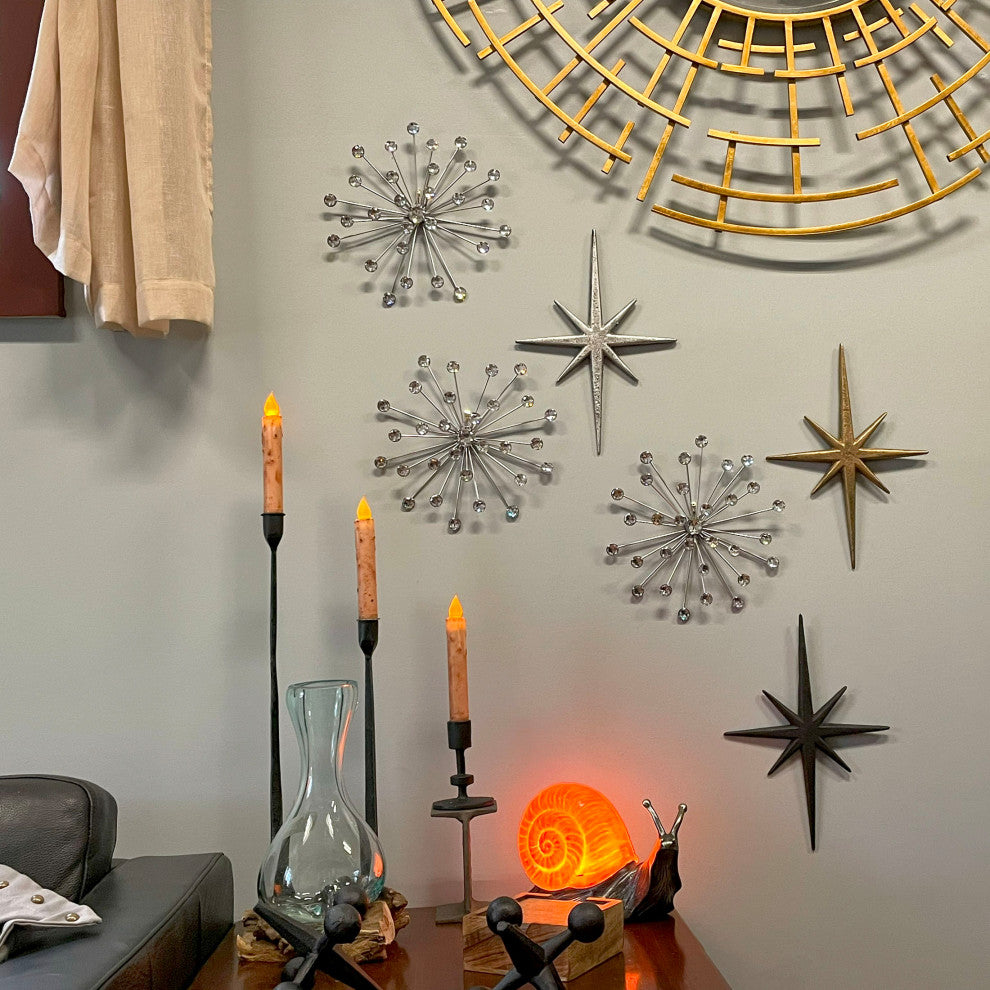 3 Silver Starburst Jeweled Metal Decorative Wall Art Hanging Rhinestone Crystal