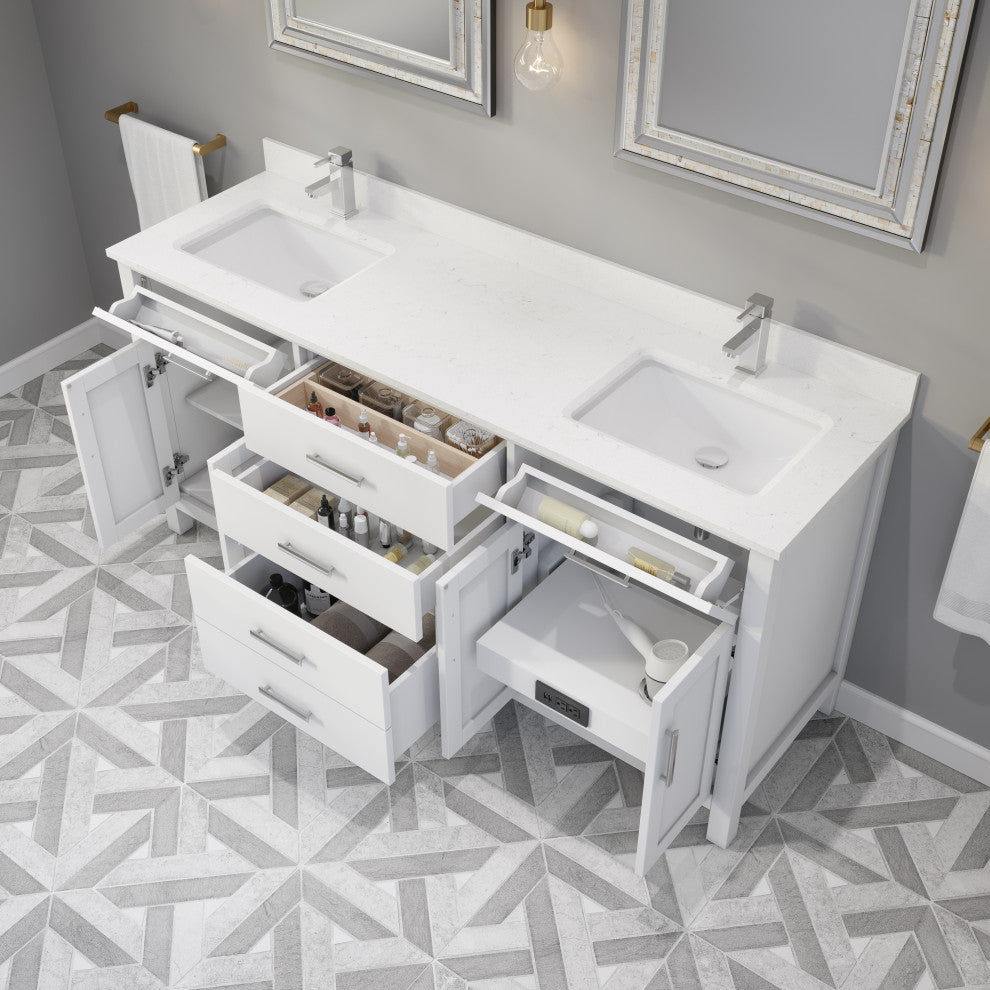 Kali Vanity with Power Bar and Drawer Organizer, White, 72"