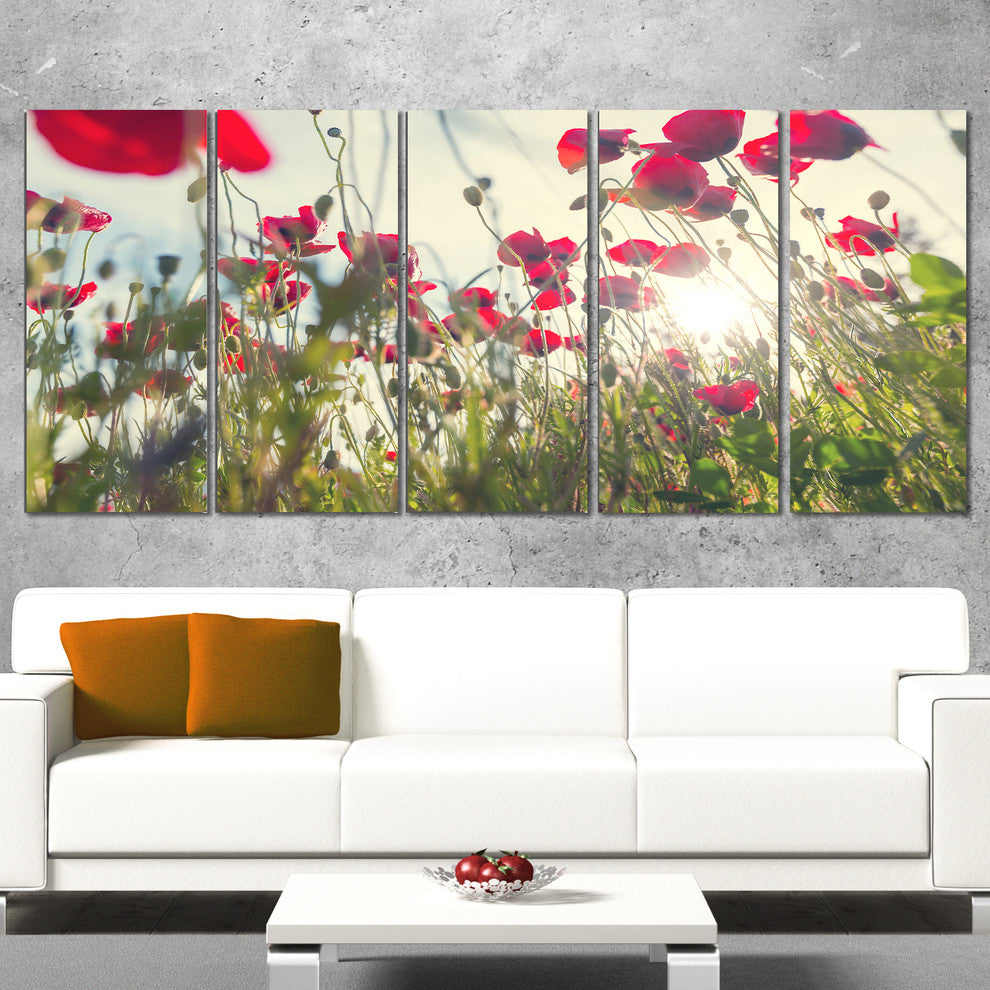 Poppy Flowers on Summer Meadow, Floral Canvas Art Print, 60"x28", 5 Panels