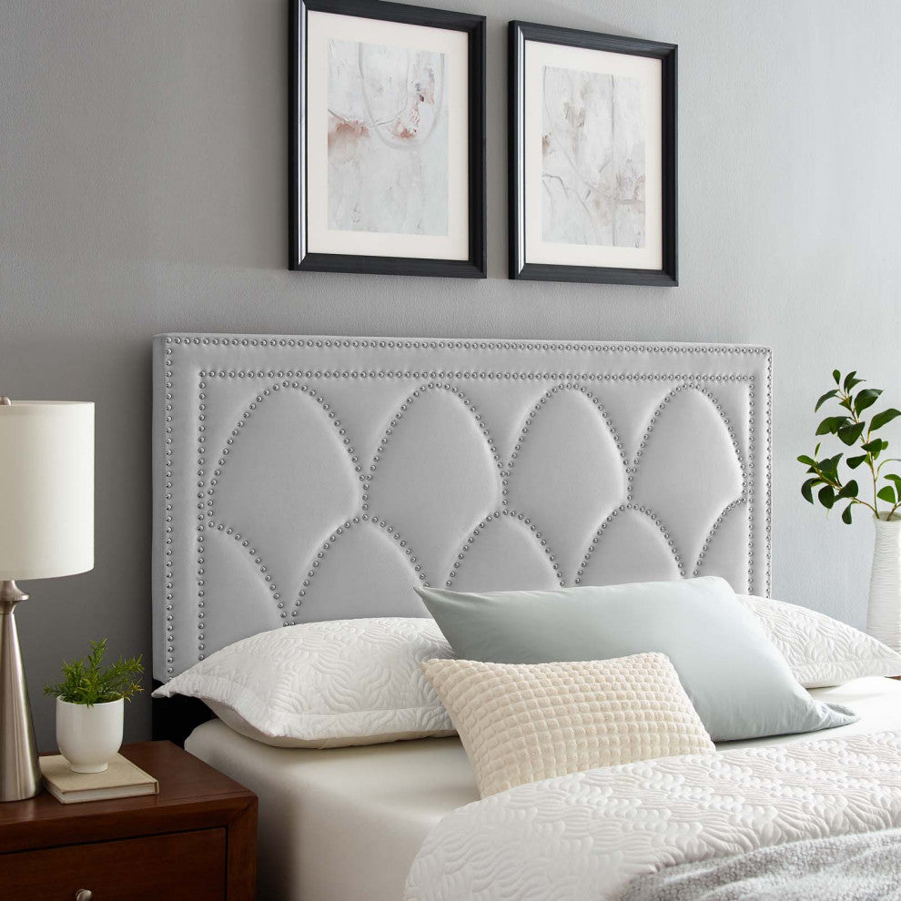 Headboard, Nailhead, Twin Size, Gray, Velvet, Modern, Bedroom Guest Suite