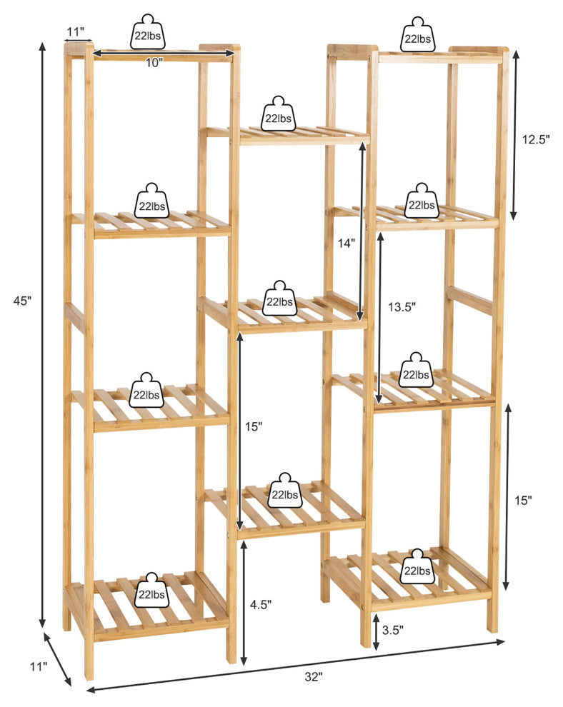 Costway Bamboo 11-Tier Plant Stand Utility Shelf Free Standing Pot Holder