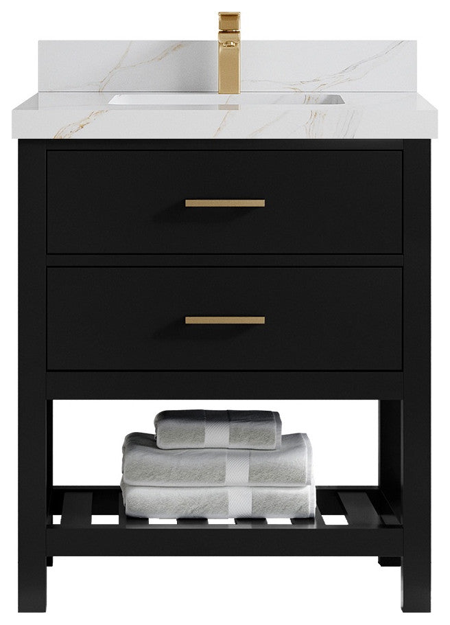 Parker 30" Single Sink Bath Vanity, Black 2" Calacatta Sienna