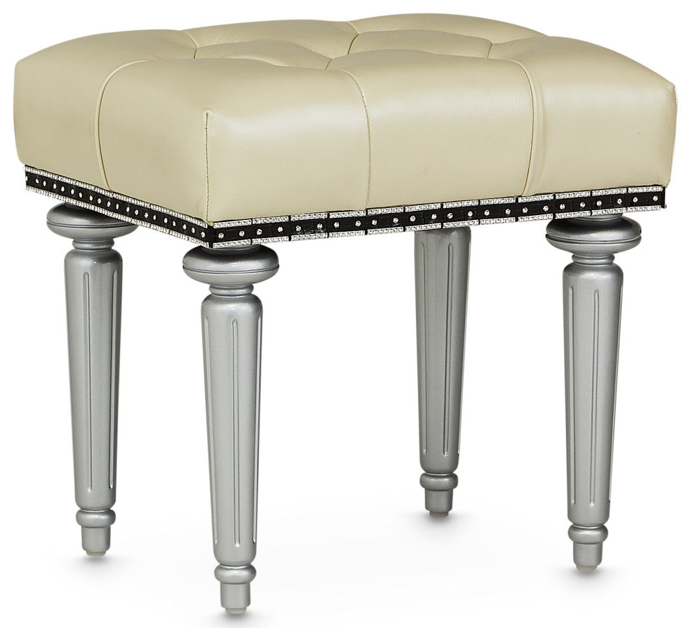 Hollywood Swank Tufted Leather Vanity Bench, Creamy Pearl